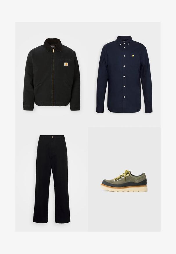 Čierna zipsová bunda s hnedým kordovým golierom, dvoma bočnými vreckami a malou štvorcovou nášivkou s logom Carhartt na ľavej hrudi.; Navy modrá košeľa s dlhým rukávom vyrobená z bavlny, s golierom na zapínanie a s náprsním vreckom s malým žltým logom.; Čierne nohavice vyrobené z ťažkej tkaniny, s rovnými nohavicami, prednými vreckami, zipsom a uzáverom na jeden kovový gombík.; Olivovo zelené semišové tenisky s čiernym gumovým lemom, žltými šnúrkami, pieskovým stredným dielom a krémovou hrubou podrážkou s profilom.