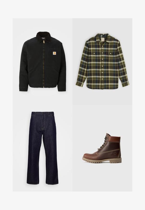 Čierna zipsová bunda s hnedým kordovým golierom, dvoma bočnými vreckami a malou štvorcovou nášivkou s logom Carhartt na ľavej hrudi.; Zelená károvaná flanelová košeľa s dlhými rukávmi, obsahujúca dve náprsné vrecká a biele gombíky. Materiál má jemnú textúru a neformálny dizajn.; Tmavomodré džínsy rovného strihu s prednými vreckami, pútkami na opasok, zipsom a zapínaním na gombík, vystavené na bielom pozadí.; Hnedé kožené čipkovacie členkové topánky s polstrovaným golierom, kontrastným prešívaním a robustnou podrážkou, zobrazené z vonkajšej strany na bielom pozadí.
