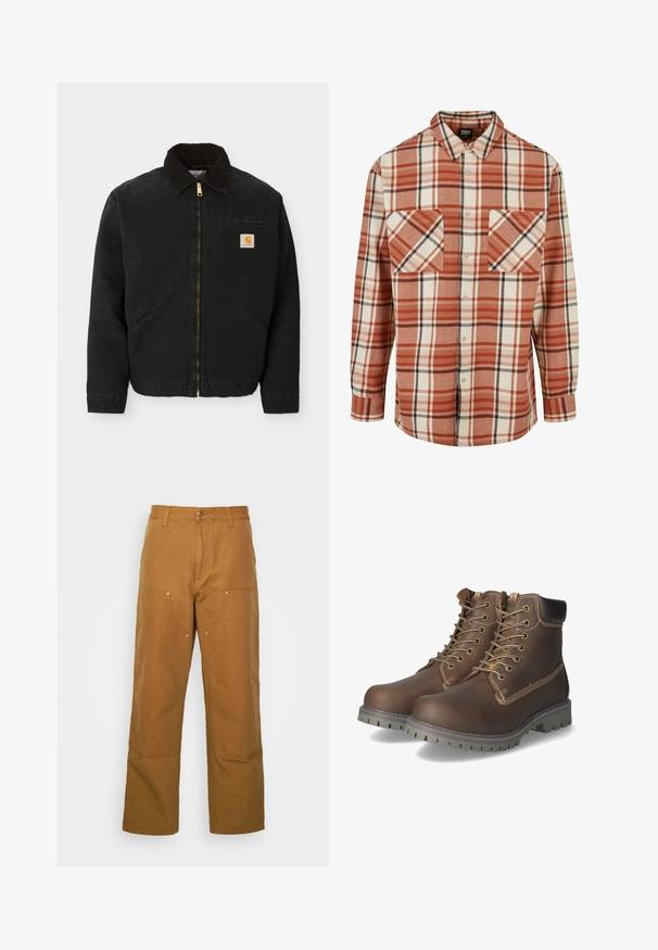 Veste noire à zip avec un col en velours côtelé marron, deux poches latérales et un petit patch carré avec le logo Carhartt sur la poitrine gauche.; Chemise à carreaux orange et crème, avec des accents noirs. Fabriquée en tissu texturé avec un col et deux poches poitrine.; Pantalons utilitaires en coton marron avec une coupe droite, dotés de poches avant et d'accents en métal pour une durabilité accrue.; Bottines en cuir marron avec lacets, col rembourré, coutures contrastantes et semelle en caoutchouc robuste avec motifs de traction.