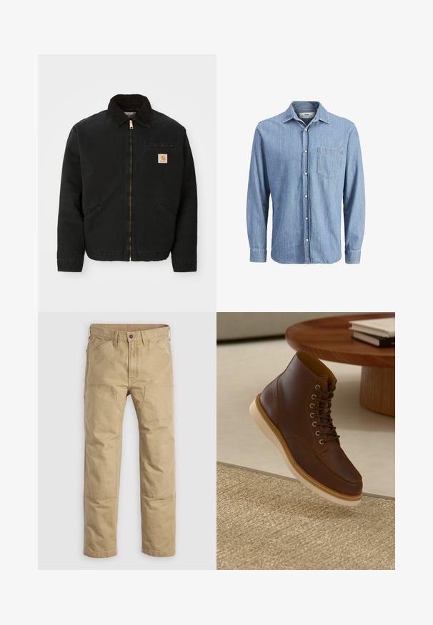 Veste noire à zip avec un col en velours côtelé marron, deux poches latérales et un petit patch carré avec le logo Carhartt sur la poitrine gauche.; Chemise en denim bleu clair avec un col boutonné, des manches longues, une poche poitrine unique et un logo brodé sur la poche.; Pantalon de travail kaki en coton robuste, doté d'une coupe droite, de renforts aux genoux et de multiples poches avant.; Bottine en cuir marron avec semelle beige sur un tapis beige texturé à côté d'une table ronde en bois avec des livres empilés.