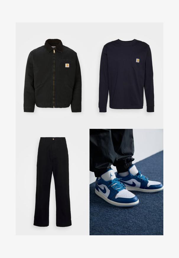 Veste noire à zip avec un col en velours côtelé marron, deux poches latérales et un petit patch carré avec le logo Carhartt sur la poitrine gauche.; T-shirt à manches longues bleu marine en coton, avec une poche sur la poitrine et un écusson de logo. Ourlet droit et poignets côtelés.; Pantalon noir en tissu lourd, avec design à jambes droites, poches avant, fermeture éclair et bouton métallique unique.; Les baskets Nike Air Jordan présentent une base en cuir blanc avec des accents en synthétique bleu, une boîte à orteils perforée et des lacets bleus.