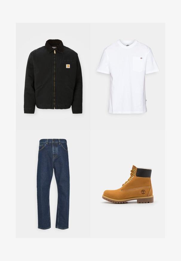 Veste noire à zip avec un col en velours côtelé marron, deux poches latérales et un petit patch carré avec le logo Carhartt sur la poitrine gauche.; T-shirt en coton blanc avec un col rond, des manches courtes et une poche poitrine arborant un petit logo de la marque sur le côté gauche.; Jean droit bleu foncé avec bouton devant, fermeture éclair et poches, présenté sur fond blanc.; Bottine en cuir brun avec œillets en métal, doublure en fourrure blanche, col rembourré noir, semelle robuste et logo en relief sur le côté.