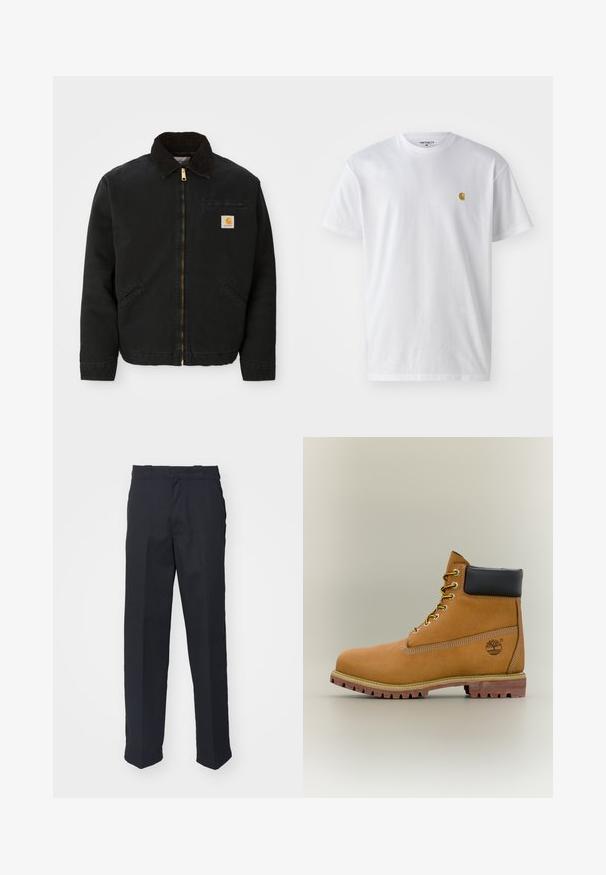 Čierna zipsová bunda s hnedým kordovým golierom, dvoma bočnými vreckami a malou štvorcovou nášivkou s logom Carhartt na ľavej hrudi.; Biele bavlnené tričko s krátkymi rukávmi, okrúhlym výstrihom, s malým zlatým logom na ľavej strane hrude. Mäkká textúra a normálny strih.; Čierne upravené nohavice so strihom rovného nohavice, vyrobené z hladkej tkaniny, so pásom s očkami a bez viditeľných vzorov alebo kovových prvkov.; Hnedá kožená členková členková obuv s čiernym golierom, žltými šnúrkami a béžovou podrážkou. Má logo a biele prešívanie. Hrubá podrážka s dobrým záberom.