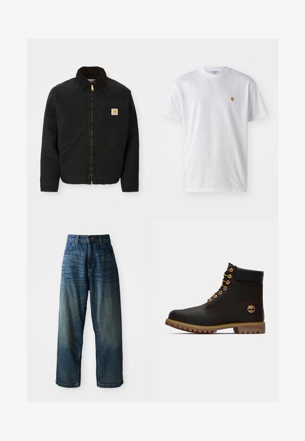 Čierna zipsová bunda s hnedým kordovým golierom, dvoma bočnými vreckami a malou štvorcovou nášivkou s logom Carhartt na ľavej hrudi.; Biele bavlnené tričko s krátkymi rukávmi, okrúhlym výstrihom, s malým zlatým logom na ľavej strane hrude. Mäkká textúra a normálny strih.; Džínsové nohavice s širokými nohavicami v modrej farbe so zosvetleným povrchom. Obsahujú päť vreciek, zapínanie na gombík a kontrastné prešívanie. Tkanina je ťažká.; Čierne kožené členkové topánky so zlatými očkami, hnedými akcentmi a gumovou podrážkou. Majú polstrovaný golier a embosované logo na boku.