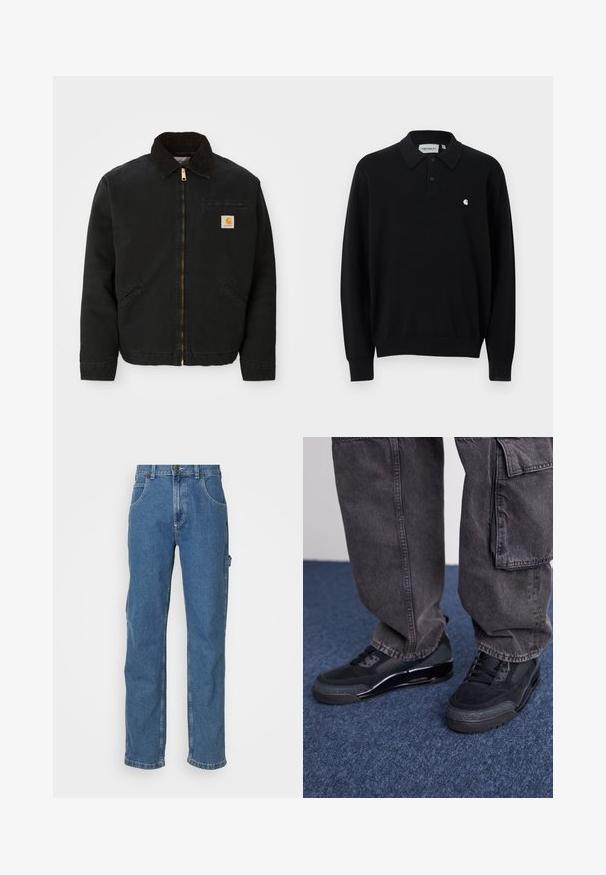 Čierna zipsová bunda s hnedým kordovým golierom, dvoma bočnými vreckami a malou štvorcovou nášivkou s logom Carhartt na ľavej hrudi.; Čierne polokošeľa s dlhým rukávom, dvoma gombíkmi, rebrovanými manžetami a lemom, a malým bielym logom Carhartt na ľavej strane hrudníka.; Svetlomodré denimové džínsy s rovnými nohavicami, piatimi vreckami a miernym efektom posvetlenia na látke. Majú zapínanie na gombík a zips.; Čierne športové topánky s textúrovaným povrchom, hladkými akcentmi a masívnou podrážkou, skombinované so šedými, voľnými cargo nohavicami.