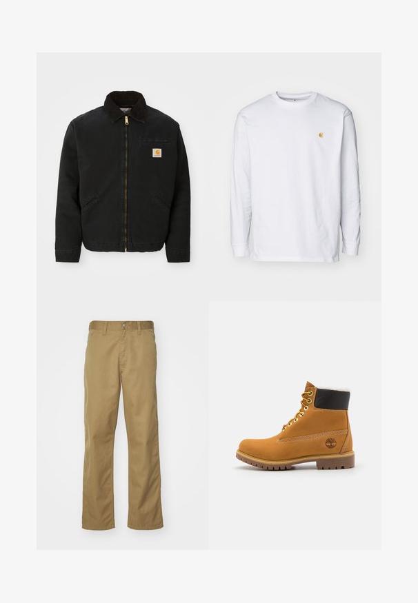 Čierna zipsová bunda s hnedým kordovým golierom, dvoma bočnými vreckami a malou štvorcovou nášivkou s logom Carhartt na ľavej hrudi.; Biely tričko s dlhým rukávom z bavlny. Na hrudi má malé zlaté logo a okrúhly výstrih. Jednoduchý dizajn a štandardný strih.; Khaki chino nohavice so rovnými nohavicami vyrobené z hladkej bavlnenej tkaniny. Majú predné zapínanie na gombík a bočné vrecká.; Hnedé kožené ankle boot s kovovými očkami, bielym kožúškom vo vnútri, čiernym vypolstrovaným golierom, robustnou podrážkou a vyrazeným logom na boku.