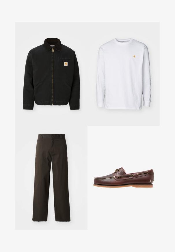 Čierna zipsová bunda s hnedým kordovým golierom, dvoma bočnými vreckami a malou štvorcovou nášivkou s logom Carhartt na ľavej hrudi.; Biely tričko s dlhým rukávom z bavlny. Na hrudi má malé zlaté logo a okrúhly výstrih. Jednoduchý dizajn a štandardný strih.; Čierne bavlnené nohavice s rovnými nohavicami, so zapínaním na gombík a klasickým pásom. Hladká štruktúra, bez vzorov alebo detailov.; Hnedá kožená lodná topánka s bielym prešívaním, detailmi na šnúrky a svetlohnedou gumovou podrážkou, zobrazená z boku na bielom pozadí.