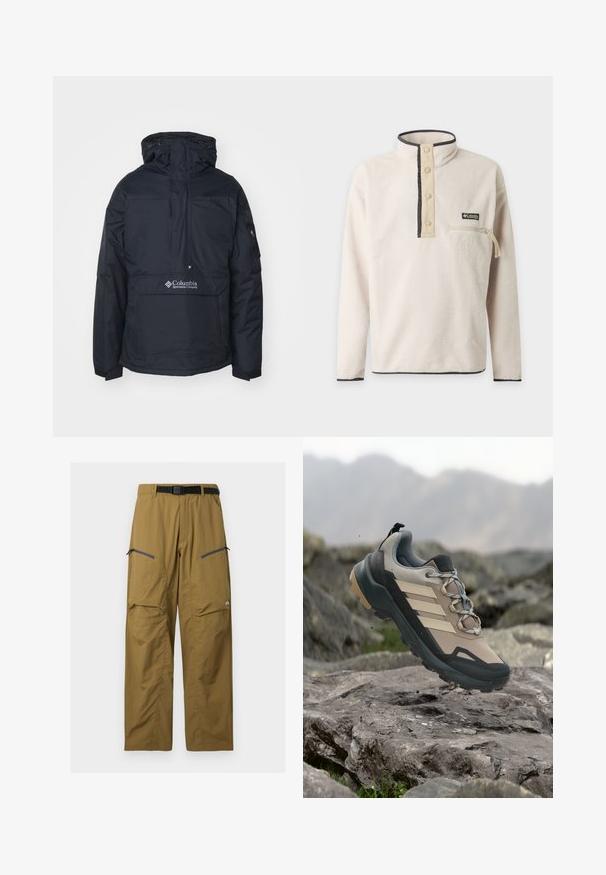 Veste à capuche noire avec poche frontale, cordons de serrage ajustables et détail de logo sur le bas à l'avant. Tissu durable et résistant à l'eau.; Pull en polaire couleur crème avec col montant, quatre boutons-pression, poche poitrine zippée et finitions noires au col et aux poignets.; Pantalon de plein air kaki avec ceinture noire réglable, deux poches zippées sur les cuisses et coutures au niveau des genoux, présenté sur un fond uni.; Chaussure de randonnée beige et grise avec semelle noire et rayures, suspendue au-dessus d'un terrain rocheux avec un paysage montagneux flou en arrière-plan.