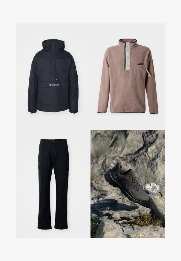 Veste à capuche noire avec poche frontale, cordons de serrage ajustables et détail de logo sur le bas à l'avant. Tissu durable et résistant à l'eau.; Pull polaire taupe à manches longues avec col montant, quatre boutons-pression, poche poitrine zippée et logo Columbia sur la poitrine.; Pantalons marine foncé en mélange de coton, avec une coupe droite, une poche latérale zippée et des détails de couture subtils.; Chaussure de trail running noire avec une tige texturée, dotée d'une semelle rembourrée, d'un capuchon renforcé à l'avant, et d'un logo discret sur le côté.