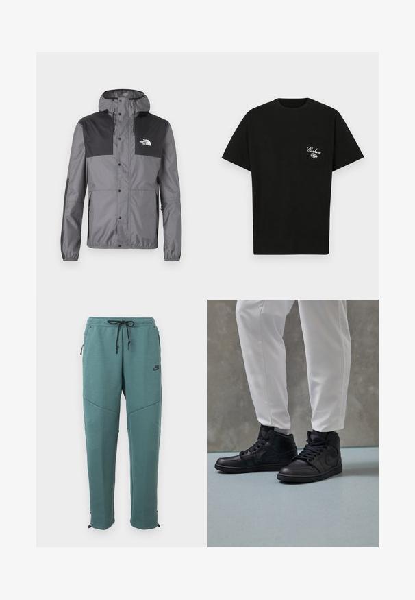 Wasserabweisende Jacke in Grau mit schwarzen Akzenten, ausgestattet mit einer Kapuze, Druckknöpfen und einem verstellbaren Saum, aus leichtem Material gefertigt.; Schwarzes Baumwoll-T-Shirt mit Rundhalsausschnitt, kurzen Ärmeln und einer Brusttasche mit weißer Stickerei. Schlichtes Design, klassische Passform.; Türkisfarbene Nike-Sweathosen mit schwarzem Kordelzug in der Taille, seitlichen Reißverschlusstaschen, Kniepaneel-Details und zulaufenden Beinen mit verstellbaren Bündchen.; Schwarze High-Top-Sneaker aus glattem Leder, mit runder Zehenpartie und Schnürung; kombiniert mit weißen, schmal geschnittenen Hosen, auf einem strukturierten Boden präsentiert.