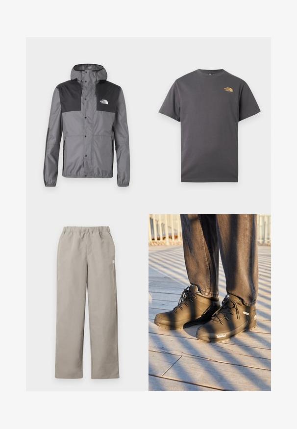 Wasserabweisende Jacke in Grau mit schwarzen Akzenten, ausgestattet mit einer Kapuze, Druckknöpfen und einem verstellbaren Saum, aus leichtem Material gefertigt.; Dunkelgraues T-Shirt mit kurzen Ärmeln und Rundhalsausschnitt mit kleinem gelbem „The North Face“-Logo auf der oberen linken Brust.; Beige gerade geschnittene Hose mit elastischem Bund und kleinem weißem Logo an der rechten Seitennaht.; Schwarze Timberland-Wanderstiefel mit hohem Schaft, strukturierten Oberflächen und runden Schnürsenkeln, vor einem Holzboden-Hintergrund.