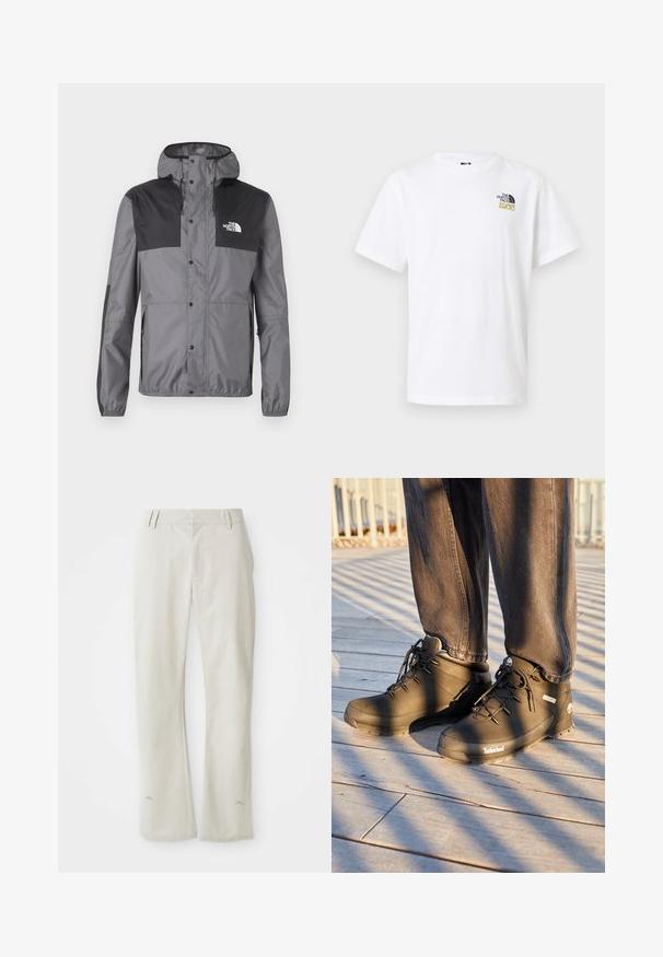Waterdichte jas in grijs met zwarte accenten, voorzien van een capuchon, drukknoopsluitingen en een verstelbare zoom, gemaakt van lichtgewicht stof.; Witte T-shirt met korte mouwen en ronde hals, met een klein zwart-goudkleurig The North Face 1966-logo op de linkerborst.; Lichtgrijze, rechte broek van soepel materiaal. Voorzien van zijzakken, ceintuurlussen en een subtiel logo nabij de zoom.; Zwarte Timberland wandelschoenen hebben een hoge gloss ontwerpen, een gestructureerd oppervlak en ronde veters, tegen een achtergrond van een houten vloer.