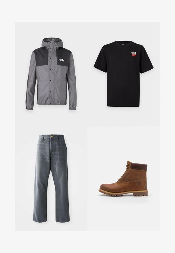 Wasserabweisende Jacke in Grau mit schwarzen Akzenten, ausgestattet mit einer Kapuze, Druckknöpfen und einem verstellbaren Saum, aus leichtem Material gefertigt.; Schwarzes T-Shirt mit kurzen Ärmeln und kleinem weißen und roten "The North Face 1966"-Logo auf der linken Brust, Rundhalsausschnitt, schlichtes Design.; Lockere Herren-Jeans aus grauem Denim mit weitem Bein, vorderen Taschen und einem sichtbaren goldenen Knopf am Bund.; Braune Lederwanderschuhe mit glatter Oberfläche, gepolstertem Knöchel, Metallösen und einer Gummisohle mit robustem Profil.