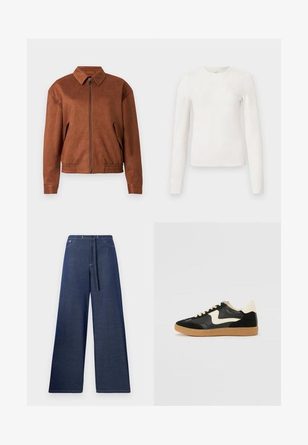Veste zippée en daim marron avec un col, des manches longues, un ourlet élastique et des poches à rabat de chaque côté sur un fond blanc.; Haut blanc à manches longues avec un motif floral en relief, encolure ronde et silhouette ajustée. Texture lisse sans éléments métalliques visibles.; Pantalon en denim à jambes larges, couleur bleu foncé, avec une taille à cordon, des poches avant et des coutures blanches contrastantes.; Baskets en daim et cuir noir avec un swoosh latéral crème et un talon crème clair. Dotées de lacets beige et d'une semelle en caoutchouc gomme.