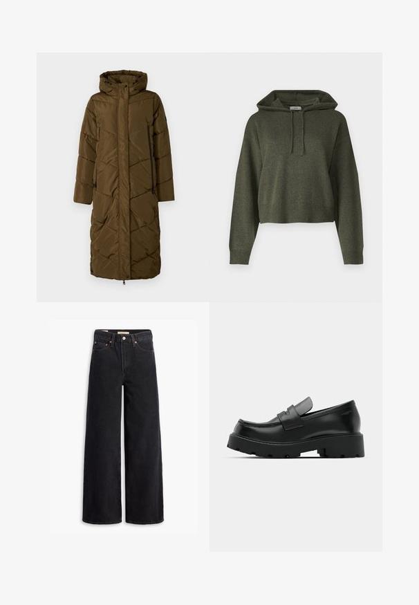 Manteau rembourré long en olive foncé avec une capuche. Dispose d'un motif matelassé diagonal, fermeture éclair à l'avant et de deux poches latérales avec zippers.; Haut à capuche court vert olive en tissu texturé, avec une capuche à cordon de serrage et des poignets et un ourlet côtelés. Design simple et décontracté.; Jean noir à jambe large en denim, comportant cinq poches, des rivets en laiton et une fermeture à bouton classique. Texture lisse avec un design épuré.; Mocassins en cuir noir avec une semelle épaisse et texturée, dotés d'une sangle sur le vamp et d'une finition lisse et polie.