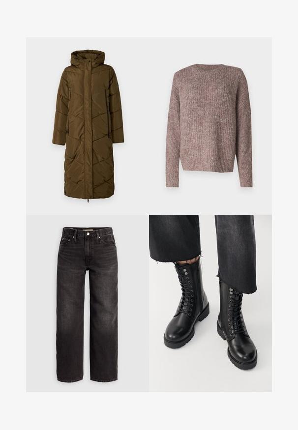 Manteau rembourré long en olive foncé avec une capuche. Dispose d'un motif matelassé diagonal, fermeture éclair à l'avant et de deux poches latérales avec zippers.; Pull en maille côtelée marron avec des manches longues et un col rond. Coupe décontractée et texture douce, idéal pour une tenue casual.; Levi's® BAGGY DAD - Jean baggy - shrink up; Bottines noires à cheville avec une finition en cuir lisse, un laçage à l'avant et une fermeture éclair sur le côté. La semelle épaisse et les œillets détaillés ajoutent de la texture.
