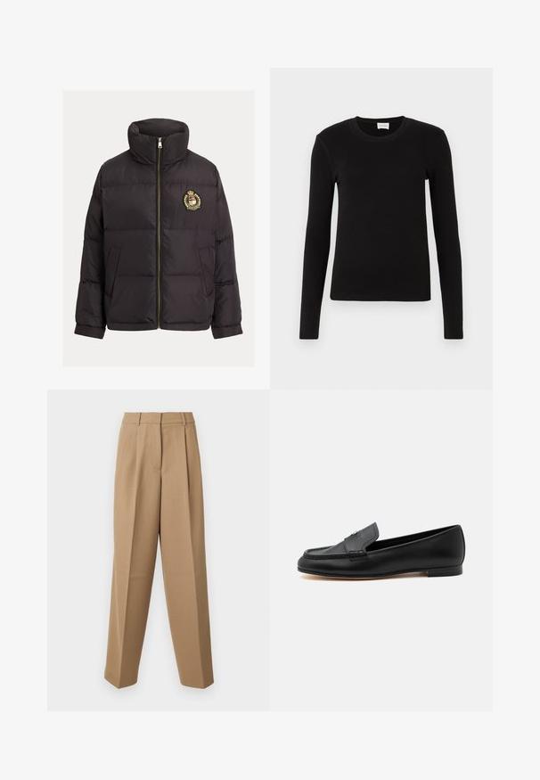 Chaqueta acolchada negra con cuello alto, cremallera dorada, logo bordado en el pecho y diseño acolchado estructurado con bolsillos laterales.; Camiseta negra de manga larga hecha de una tela suave y lisa. Presenta un escote redondo y una forma ajustada, sin patrones ni acentos visibles.; Pantalones de sastre beige con cintura alta, frente plisado y corte de pierna ancha. La tela parece suave con un ligero brillo.; Mocasín de cuero negro con tacón bajo, detalles cosidos y un pequeño detalle metálico en la parte superior.