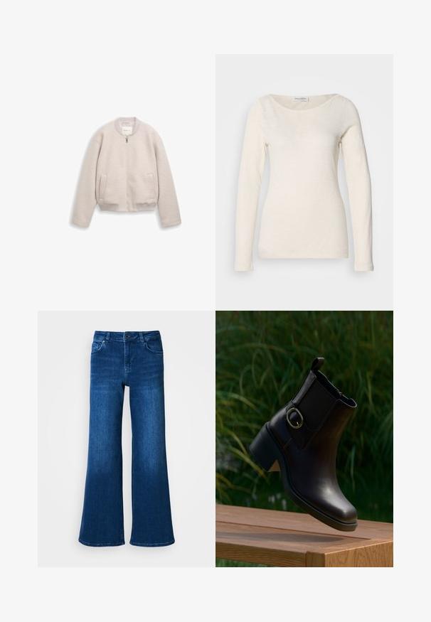 Veste beige clair zippée avec col, poignets et ourlet côtelés, dotée de deux poches devant et d'un tissu doux et texturé.; Haut à manches longues, col rond en blanc cassé, fabriqué dans un tissu doux et léger avec une texture lisse et un design minimaliste.; Jean en denim bleu à jambe large avec taille haute, doté de cinq poches, fermeture à bouton et à zip, et d'une texture lisse et uniforme.; Bottine en cuir noir avec un petit talon et une boucle latérale flottant au-dessus d'une surface en bois en extérieur avec un fond de feuillage vert.