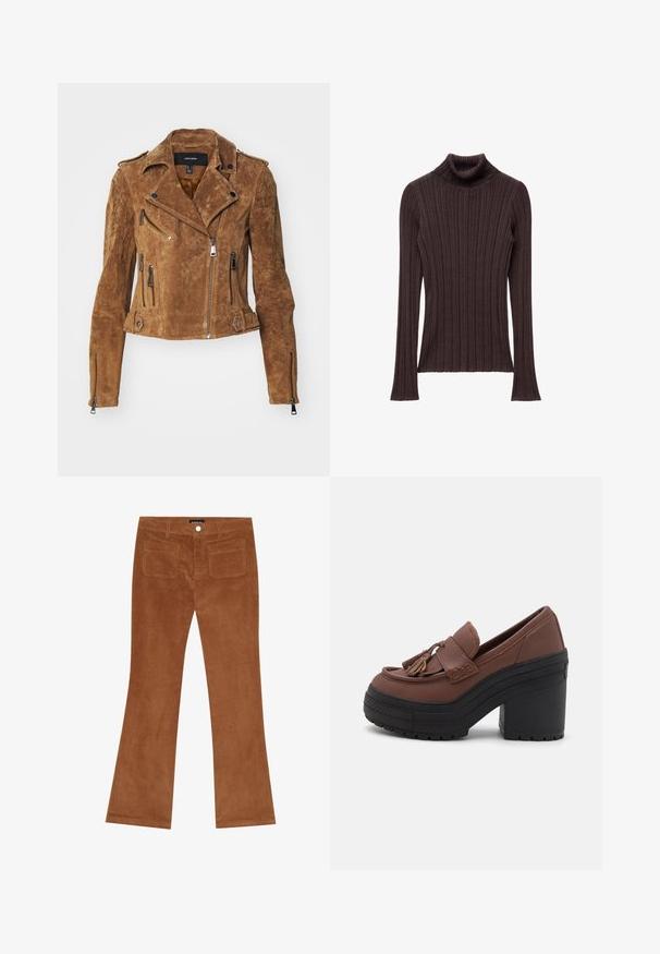 Brun suede bikerjakke med en kortet design, asymmetrisk lynlåslukning og flere lynlåslommer. Har sølvhardware og en krave.; Mørkebrun ribbet turtleneck sweater med en tæt siddende krave og lange ærmer, der har en struktureret tekstil og lige kant.; Brune fløjlsbukser med udvidet ben, der har en ribbet tekstur, knaplukning foran og to baglommer.; Brune platform loafers med rund tå, frynsede detaljer, syede dekorationer, og en tyk sort gummihæl med en tekstureret sål.