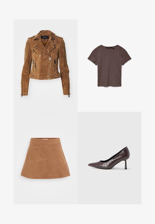 Brun suede bikerjakke med en kortet design, asymmetrisk lynlåslukning og flere lynlåslommer. Har sølvhardware og en krave.; Brun kortærmet ribstrikket T-shirt med rund halsudskæring, lagt fladt på en hvid baggrund.; Brun fløjl mini nederdel med en udvidet design, der har skrå sømme og en glat overflade. Flad talje i toppen.; Brune kunstlæder stiletter med spidse tæer og krokodilletekstur, der har en slank, vinklet hæl og en glat inderside.