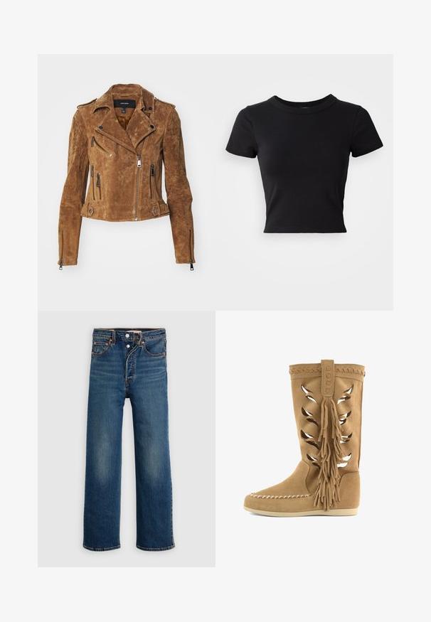 Brun suede bikerjakke med en kortet design, asymmetrisk lynlåslukning og flere lynlåslommer. Har sølvhardware og en krave.; Sort cropped t-shirt lavet af solid bomuld, med korte ærmer og rund halsudskæring, med et glat og enkelt design.; Mørkeblå denimjeans med afslappet pasform. Features med fem lommer, knappelukning og diskret falmen på lårene.; Tanfarvede ruskindsstøvler til midten af læggen med laserudskårne bladmotiver, flettet kant, store sideskæg, mokkasinsøm på tåen og flad sål.