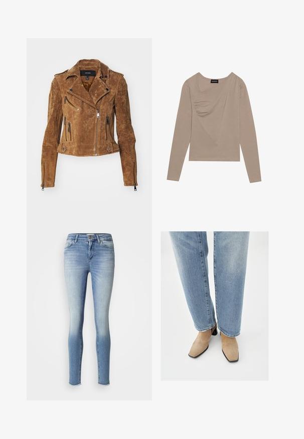 Brun suede bikerjakke med en kortet design, asymmetrisk lynlåslukning og flere lynlåslommer. Har sølvhardware og en krave.; Langærmet, beige top lavet af blødt stof. Har et snoet frontdesign og en V-halsudskæring. Indeholder en tætsiddende silhuet med minimale sømme.; Tætsiddende jeans i lyseblå denim med en vaskeeffekt, fem lommer og rå kant ved anklerne. Glat tekstur og klassisk design.; Beige ruskindsankelstøvler med spids tå og lav sort blokhæl, båret med lyseblå bukser med lige ben.