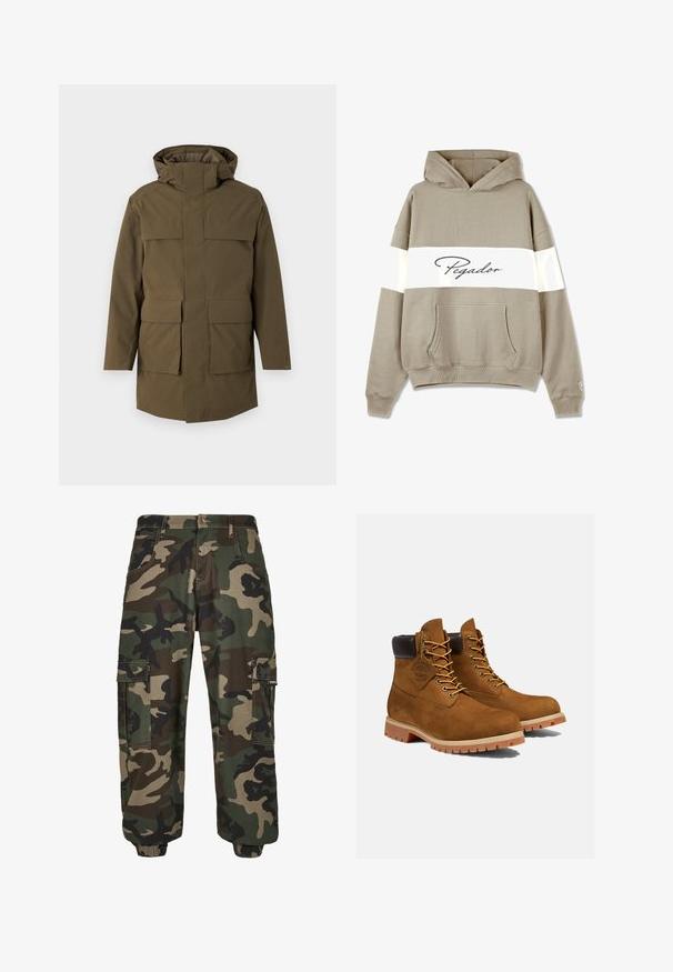 Oliven grøn parka med hætte, der har to store frontlommer og lynlås. Lavet af struktureret, holdbart stof. Lige snit design.; Hættetrøje i lysebeige med en hvid vandret stribe. Har "Pegador" logo i kursiv, frontlomme og ribbede manchetter.; Kamouflage cargo bukser i grøn, brun og beige. Fremstillet af bomuld med elastisk talje og manchetter, udstyret med flere lommer og en afslappet pasform.; Brune ruskinds ankelstøvler med en polstret sort krave, gyldne snørehuller og en tyk gummisål med en mønster, der giver godt greb.