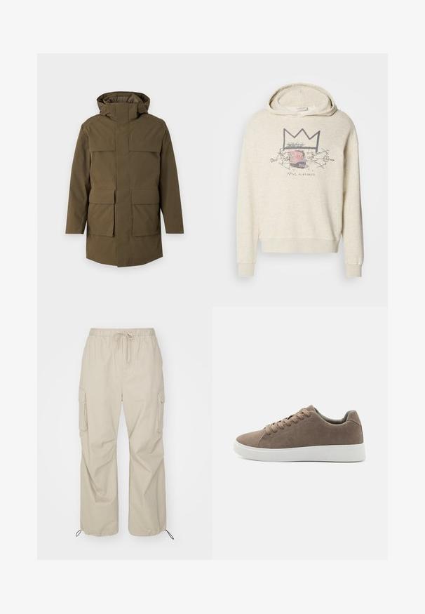 Oliven grøn parka med hætte, der har to store frontlommer og lynlås. Lavet af struktureret, holdbart stof. Lige snit design.; Lys beige hætte sweatshirt i blødt stof, med et grafisk design med en krone og ansigtstræk. Ribkantede ærmer og afslappet pasform.; Only & Sons ONSKAZI LOOSE PARACHUTE PANT - Cargobukser - chinchilla; Brune ruskinds sneakers med flade hvide gummisåler, snørelukning, rund tå og en glat overflade. Minimalistisk stil med diskrete syninger.