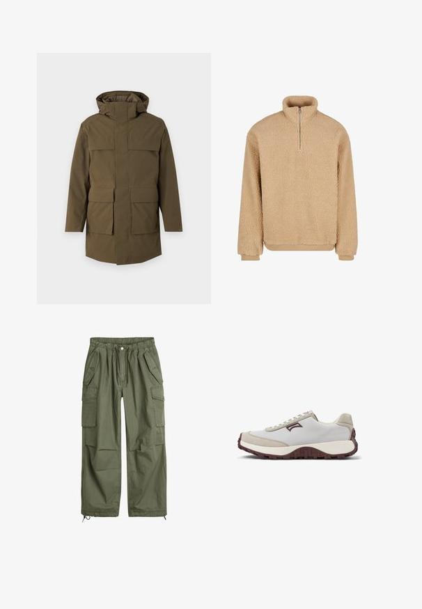 Parka verde oliva con capucha, que cuenta con dos grandes bolsillos delanteros y cierre de cremallera. Confeccionada en un tejido texturizado y duradero. Diseño de corte recto.; Suéter de forro polar beige con cuello alto y media cremallera. Presenta una superficie suave y texturizada, así como puños elásticos en las muñecas y el dobladillo.; Pantalones cargo verde oliva con cinturilla elástica, cordón, múltiples bolsillos laterales y puños ajustados. Hechos de un material de algodón duradero.; Zapatillas blancas con detalles en ante beige, suela exterior de goma marrón y cordones blancos. Presentan un diseño deportivo y un detalle de logotipo en el lateral.