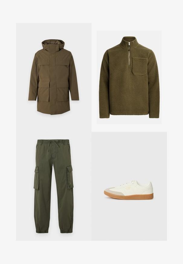 Olivengroene parka met een capuchon, voorzien van twee grote voorzakken en een rits sluiting. Gemaakt van gestructureerde, duurzame stof. Rechte snit.; Fleece pullover in olijfgroen, met een halve ritssluiting en een borstzak aan de linkerkant. Getextureerd, zacht materiaal met een relaxte pasvorm.; Olijfgroene cargobroek van lichtgewicht stof. Elastische tailleband met trekkoord, twee zijzakken en twee cargozakken op de dijen.; Schoen gemaakt van wit leer met een beige teenkap en een lichtbruine rubberen zool. Voorzien van platte witte veters en reliëfbranding aan de zijkant.