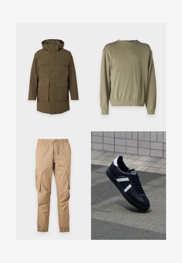 Oliven grøn parka med hætte, der har to store frontlommer og lynlås. Lavet af struktureret, holdbart stof. Lige snit design.; Oliven grøn, langærmet sweatshirt lavet af blødt bomuldsblanding. Har en rund halsudskæring og ribbede manchetter med en afslappet pasform.; Kamel-farvede cargobukser med elastisk talje, snøre, sidelommer med klap og elastiske manchetter vist på en lys baggrund.; Sort lædersneaker med hvide striber, tekstureret gummisål og snørrebånd foran. Har et brandet mærke på tungen.