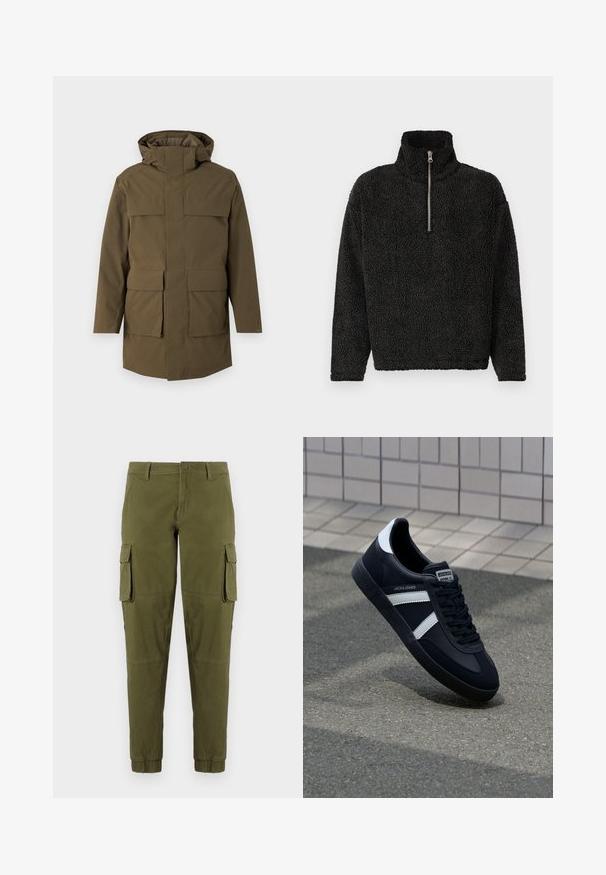 Oliven grøn parka med hætte, der har to store frontlommer og lynlås. Lavet af struktureret, holdbart stof. Lige snit design.; Sort fleece-pullover med høj krave og kvart lynlås foran. Har et blødt, tekstureret stof og lange ærmer.; Olivengrønne cargo-bukser med elastiske manchetter, der har to sidelommer, en frontlukning med knap og et glat, let materiale.; Sort lædersneaker med hvide striber, tekstureret gummisål og snørrebånd foran. Har et brandet mærke på tungen.