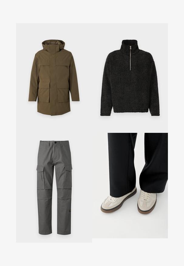 Oliven grøn parka med hætte, der har to store frontlommer og lynlås. Lavet af struktureret, holdbart stof. Lige snit design.; Sort fleece-pullover med høj krave og kvart lynlås foran. Har et blødt, tekstureret stof og lange ærmer.; Grå cargo bukser lavet af slidstærkt stof, med lige ben design, flere sidelommer og synlige søm detaljer.; Fødder iført beige sneakers med brune såler og sorte bukser med vide ben på hvid baggrund.