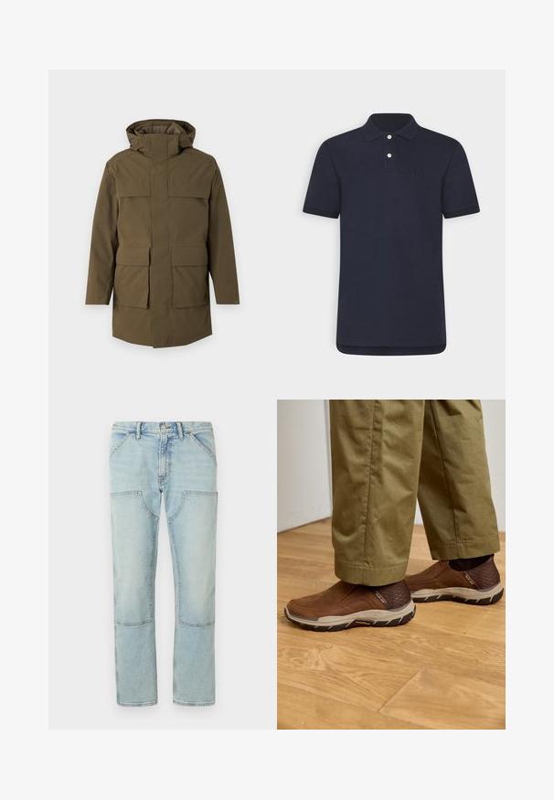 Parka verde oliva con capucha, que cuenta con dos grandes bolsillos delanteros y cierre de cremallera. Confeccionada en un tejido texturizado y duradero. Diseño de corte recto.; Polo navy de algodón, con cuello clásico, tapeta de tres botones, mangas cortas y logo bordado en el pecho.; Vaqueros de denim azul claro con pierna recta, que cuentan con bolsillos de parche y un acabado desgastado. Cierre de botón en la cintura, lazo para cinturón estándar.; Zapatos marrones tipo slip-on con acentos texturizados, suelas de goma beige y un diseño elegante, combinados con pantalones caqui sobre un suelo de madera.