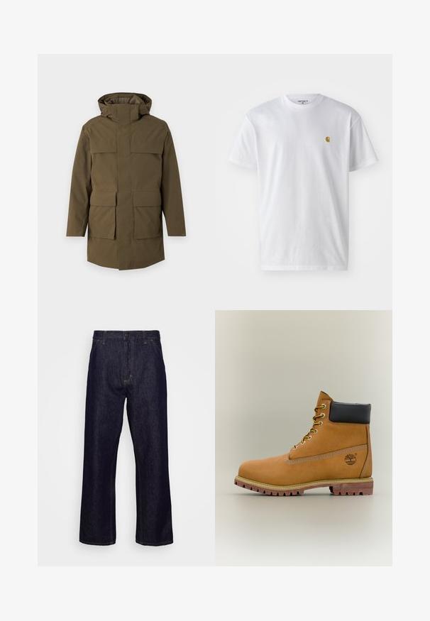 Parka vert olive avec capuche, dotée de deux grandes poches avant et d'une fermeture éclair. Fabriquée en tissu texturé et durable. Design à coupe droite.; T-shirt en coton blanc à manches courtes, col rond, avec un petit logo doré sur la poitrine gauche. Texture douce et coupe régulière.; Jean en denim droit bleu foncé avec poches avant, passants de ceinture, braguette zippée et fermeture à bouton, présenté sur un fond blanc uni.; Bottine en cuir marron avec col noir, lacets jaunes et semelle beige. Présente un logo et des détails de couture blanche. Semelle extérieure à traction robuste.
