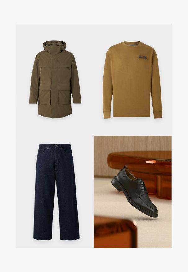 Parka verde oliva con capucha, que cuenta con dos grandes bolsillos delanteros y cierre de cremallera. Confeccionada en un tejido texturizado y duradero. Diseño de corte recto.; Camiseta de manga larga y cuello redondo en algodón marrón. Presenta un logo negro en el lado izquierdo del pecho y puños acanalados. Textura suave, corte regular.; Jeans de mezclilla anchos de color azul oscuro con cierre de botón, bolsillos delanteros y una sutil textura, con dobladillos rectos y un ajuste relajado.; Zapato de vestir negro de piel con cordones y parte delantera texturizada, flotando sobre una alfombra beige en una habitación moderna con muebles de tono ámbar.