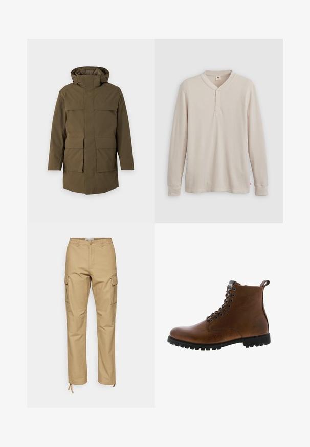 Oliven grøn parka med hætte, der har to store frontlommer og lynlås. Lavet af struktureret, holdbart stof. Lige snit design.; Langærmet henley-skjorte i lys beige ribbet stof, med V-hals, tre-knap placket og manchetter ved ærmerne. Rød logo-tags ved kanten.; Khaki cargo bukser med lige pasform, lavet af bomuld. Funktioner inkluderer sidelommer, en knaplukning og justerbare ankeltie.; Brune læder ankelstøvler med tekstureret overflade, metaløjer og sort gummisål. Har en træktab bagpå for nem påtagning.