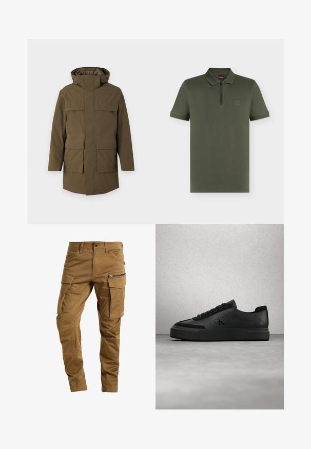 Oliven grøn parka med hætte, der har to store frontlommer og lynlås. Lavet af struktureret, holdbart stof. Lige snit design.; Olivengrøn kortærmet polo-shirt med krave, kvart lynlås og et lille firkantet logo på venstre bryst.; Brune cargo bukser lavet af slidstærkt stof, der har flere lommer, en lynlåslomme på siden, og en tætsiddende pasform med forstærkede sømme.; Sort lavtop sneakersko med snørebånd og præget logo, svævende over en poleret beton gulv nær en væg med glaspaneler.