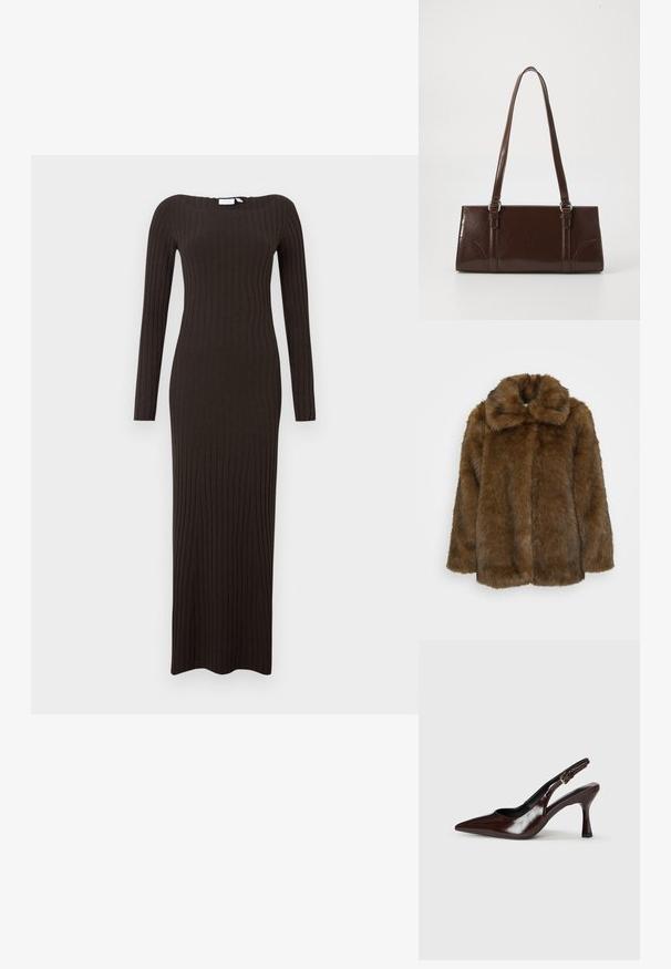 Brun faux fur frakke med høj krave, struktureret overflade og et løst fit. Har en fuld front og ingen synlige lukninger.; Lang, figursyet ribstrikket kjole i mørkebrun med lange ærmer og bådhalset udskæring. Glat tekstur med gulvlængde design.; Brune patenterede læderslingback-sandaletter med spids tå, en tynd hæl og justerbar rem med en lille spænde.; Brun lakeret håndtaske med rektangulær form, to lange håndtag og subtile buede detaljer på fronten.
