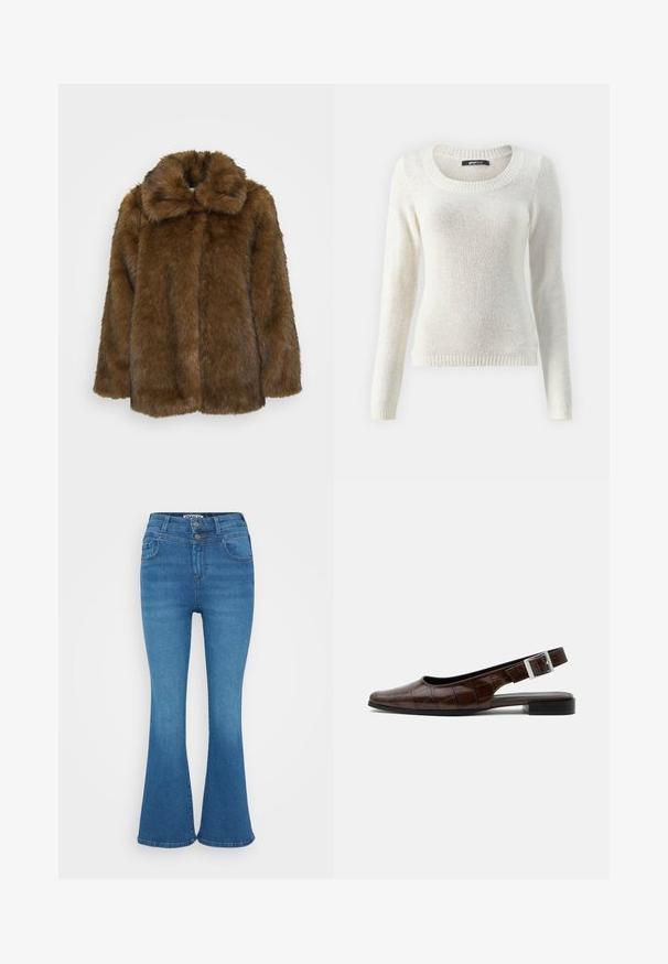 Brun faux fur frakke med høj krave, struktureret overflade og et løst fit. Har en fuld front og ingen synlige lukninger.; Lys beige sweater med lange ærmer, bred rund udskæring, ribbede manchetter og kant; blød tekstur med en let fnugget finish.; Blå denim flared jeans med høj talje, to-knaps lukning og diskret falmning. Klassisk fem-lomme design, glat tekstur.; Mørkebrun læderslingback flad sko med firkantet tå, krokodille tekstur og sølvspænde på remmen.