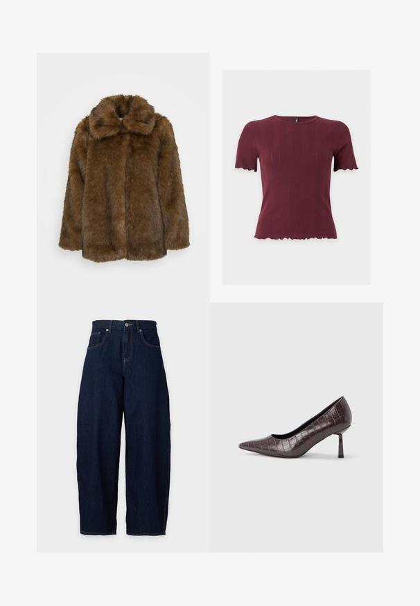 Brun faux fur frakke med høj krave, struktureret overflade og et løst fit. Har en fuld front og ingen synlige lukninger.; Kortærmet bordeaux striktop med bølgede kanter på ærmer og kant, med rund halsudskæring og subtil lodret tekstur.; Mørkeblå vidde cowboybukser med forreste knap- og lynlås lukning, bæltestropper og forlommer mod en lys baggrund.; Brune kunstlæder stiletter med spidse tæer og krokodilletekstur, der har en slank, vinklet hæl og en glat inderside.