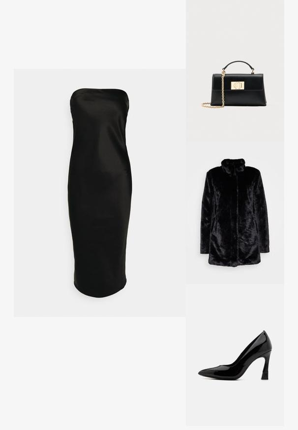 Zwarte nepbontjas met een hoge kraag, zachte textuur, lange mouwen en een open voorkant. Geen zichtbare sluitingen.; Gina Tricot TUBE MIDI DRESS - Cocktailjurk - black; Zwarte gepatenteerde leren hoge hakken met een spitse neus en een blokhak met een logo-accent. Glad, glanzend oppervlakte-textuur.; Zwarte leren handtas met een gestructureerde vorm, voorzien van een bovenhandgreep en een kettingriem met goudkleurige schakels. Decoratieve gouden hardware met logodetail.
