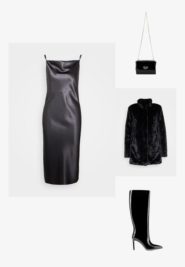 Schwarzer Kunstfellmantel mit hohem Kragen, weichem Bezug, langen Ärmeln und offenen Vorderteil. Keine sichtbaren Verschlüsse.; Samsøe Samsøe FREDERICKA LONG DRESS - Cocktailkleid/festliches Kleid - ombre dark; Schwarzer kniehoher Stiefel aus Lackleder mit spitzer Zehenpartie und Stilettabsatz, schlanker und glänzender Oberfläche.; Schwarz glänzende Handtasche aus Lackleder mit einem goldenen Kettenriemen, rechteckige Form, mit einem Verschluss mit Klappe und einem metallischen Logo-Akzent.