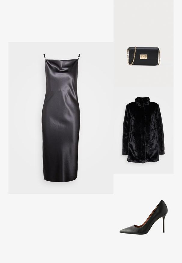Schwarzer Kunstfellmantel mit hohem Kragen, weichem Bezug, langen Ärmeln und offenen Vorderteil. Keine sichtbaren Verschlüsse.; Samsøe Samsøe FREDERICKA LONG DRESS - Cocktailkleid/festliches Kleid - ombre dark; Schwarze Leder-Pumps mit hohen Absätzen, spitzer Form und glatter Textur. Mit einem schlanken Stiletto-Absatz und einem tief ausgeschnittenen Bereich an den Seiten.; Schwarze Leder-Crossbody-Tasche mit goldener Kettenhenkel und rechteckiger goldener Schnalle auf der Vorderseite, vor einem einfachen hellen Hintergrund.