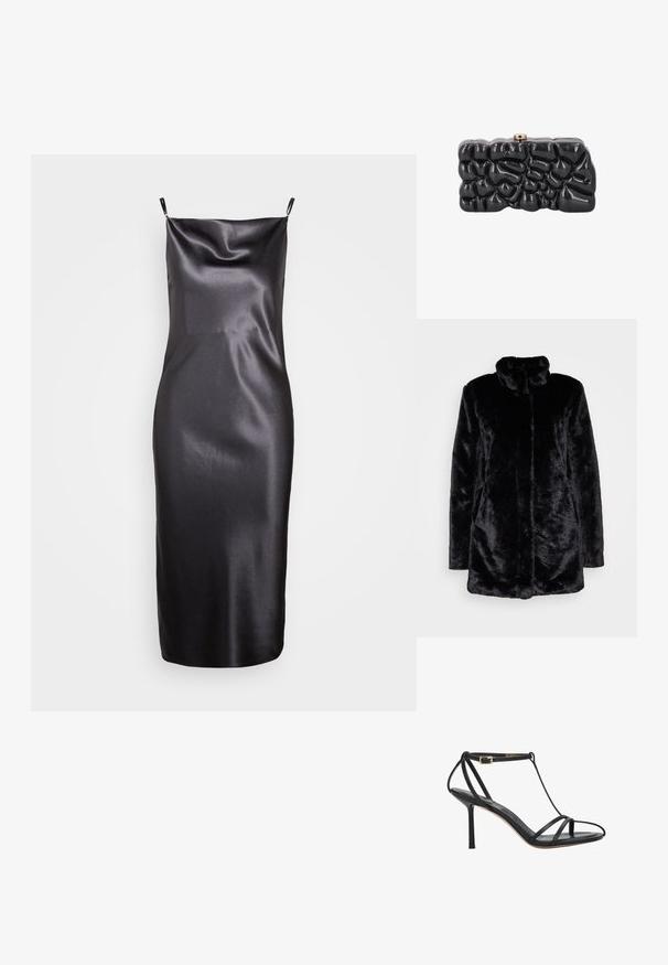 Zwarte nepbontjas met een hoge kraag, zachte textuur, lange mouwen en een open voorkant. Geen zichtbare sluitingen.; Samsøe Samsøe FREDERICKA LONG DRESS - Cocktailjurk - ombre dark; Zwarte hoge hak sandaal met dunne bandjes, enkelgesp en een smalle hak, zijaanzicht op een witte achtergrond.; Glanzende zwarte clutch met een abstract, getextureerd oppervlak en een kleine metalen sluiting bovenop, getoond tegen een witte achtergrond.