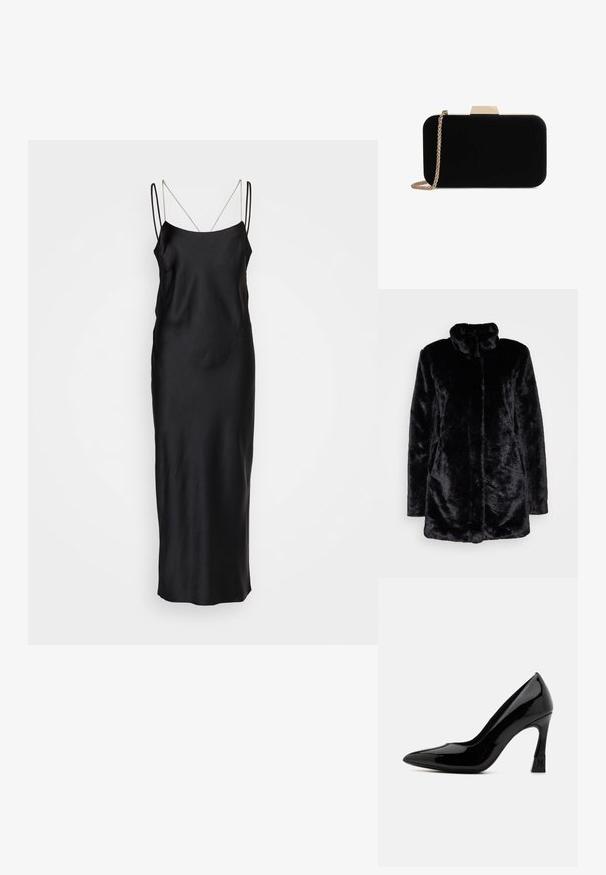 Čierny umelý kožuch s vysokým golierom, mäkkou textúrou, dlhými rukávmi a otvoreným predným dizajnom. Žiadne viditeľné zapínanie.; HUGO KENZEL - Koktailové šaty/večierkové šaty - black; Čierne lakované kožené lodičky s vysokým podpätkom, špicatou špičkou a blokovým podpätkom s logom. Hladký, lesklý povrch.; Čierna zamatová listová taška so zlatým kovovým doplnkom, obdĺžnikový tvar a reťazový popruh, s hladkou textúrou a bez viditeľných vzorov.