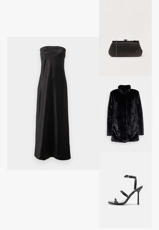 Schwarzer Kunstfellmantel mit hohem Kragen, weichem Bezug, langen Ärmeln und offenen Vorderteil. Keine sichtbaren Verschlüsse.; Schwarzes strapless Maxikleid aus Satinmaterial, mit einem schlichten Design, glatter Textur und fließender Silhouette.; Schwarze Lackleder-High-Heel-Sandalen mit drei horizontalen Riemen und einem verstellbaren Knöchelriemen. Schlanke Silhouette und glänzende Oberfläche.; Schwarze Mesh-Clutch mit strukturierter Silhouette, verziert mit kleinen metallic-nieten, besitzt einen Verschluss mit Klappe und einen abnehmbaren Kettenriemen.