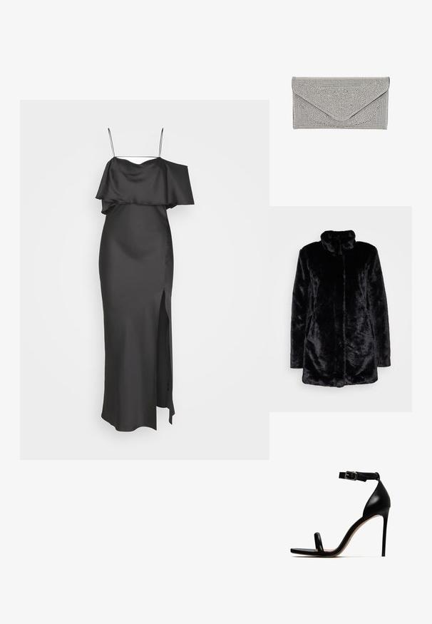Schwarzer Kunstfellmantel mit hohem Kragen, weichem Bezug, langen Ärmeln und offenen Vorderteil. Keine sichtbaren Verschlüsse.; Weekday ELIA OFF SHOULDER DRESS - Ballkleid - anthracite grey; Schwarze, hochhackige Sandale mit einem Knöchelriemen, ausgestattet mit einer glatten Lederoberfläche, offenem Zehendesign und schlanker Stiletto-Ferse.; Silberne Clutch mit strukturierter, genoppter Oberfläche. Verfügt über ein Umschlagdesign mit schrägem Klappenverschluss und kontrastierendem schwarzen Rand.