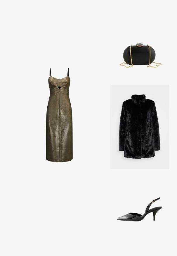 Schwarzer Kunstfellmantel mit hohem Kragen, weichem Bezug, langen Ärmeln und offenen Vorderteil. Keine sichtbaren Verschlüsse.; Metallic bronze Midi-Kleid mit dünnen schwarzen Trägern und kleinem Ausschnitt vorne unter der Brust aus strukturiertem Stoff.; Schwarzer Slingback-Pumps aus Lackleder mit spitz zulaufender Zehenpartie, verstellbarem Riemen mit goldener Schnalle und schlankem Absatz. Durchgehend glatte Textur.; Schwarze ovale Clutch mit glatter Oberfläche, goldener Kettenriemen und rundem schwarz-goldenem Verschluss oben vor weißem Hintergrund.