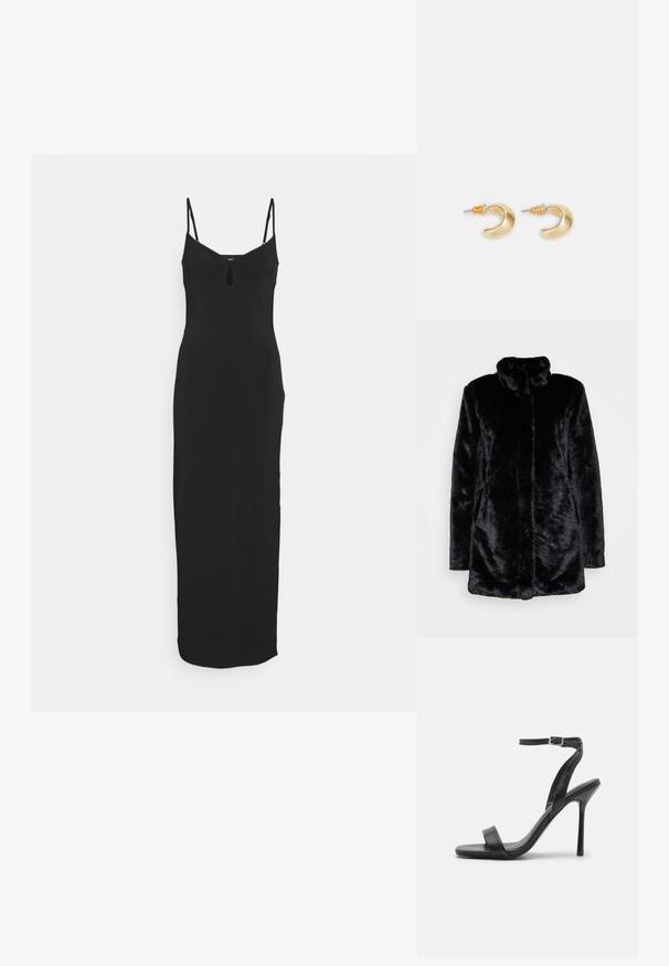 Zwarte nepbontjas met een hoge kraag, zachte textuur, lange mouwen en een open voorkant. Geen zichtbare sluitingen.; Even&Odd by Zalando Jerseyjurk - black; Zwarte hoge hakken sandaal met een slanke enkelband en twee voorste banden. Gemaakt van soepel leer met een slanke puntneus en een stiletteloze hak.; Gouden halvmaanvormige oorbellen met een gladde afwerking, voorzien van oranje accenten bij de stekker en zilveren hardware.